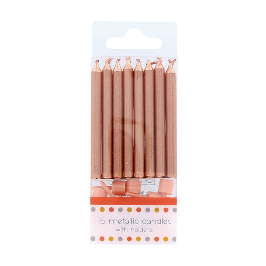 16 Metallic Rose Gold Candles With Holders - 60mm