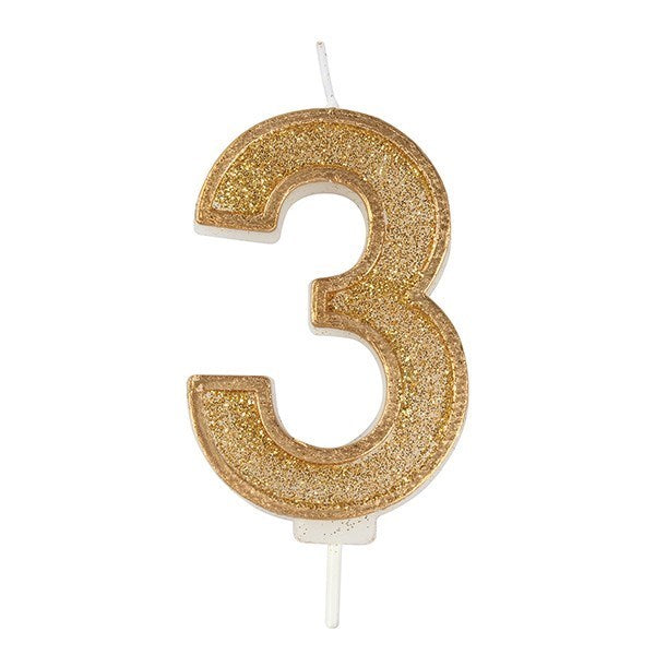 Number 3 Gold Glitter Birthday Candle