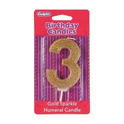 Number 3 Gold Glitter Birthday Candle
