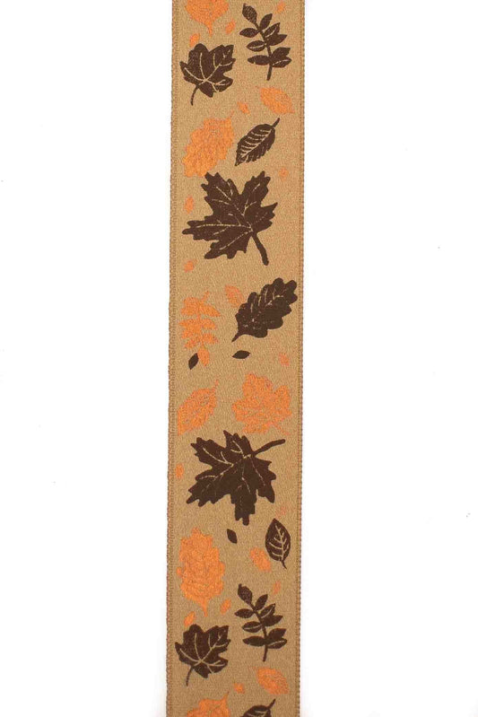 Autumnal Brown Ribbon with Leaf Pattern - 25mm