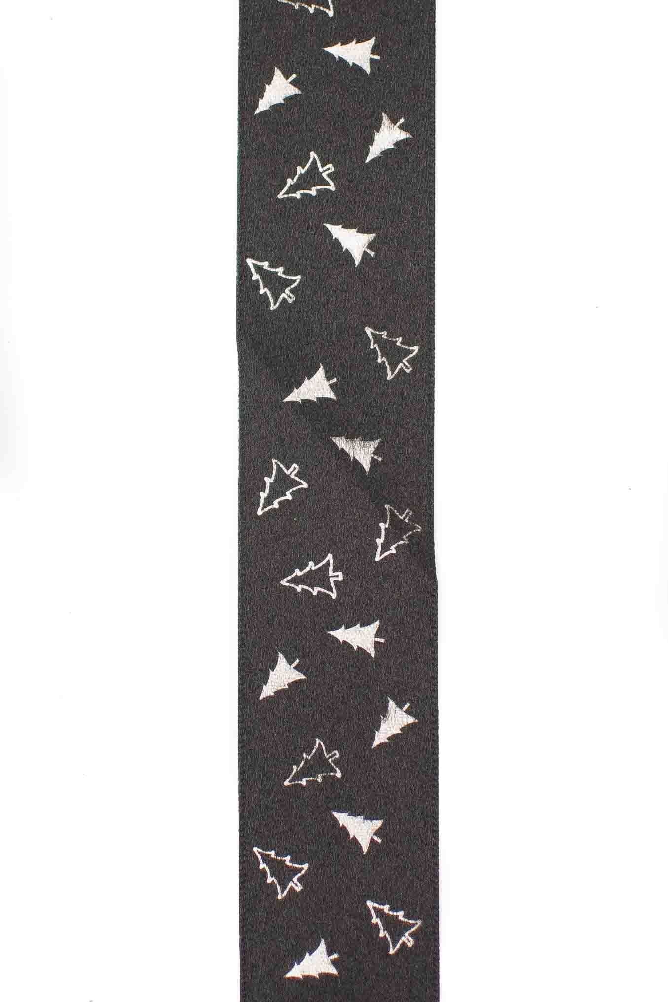 Black Ribbon with a Scattered Silver Christmas Tree Design - 25mm