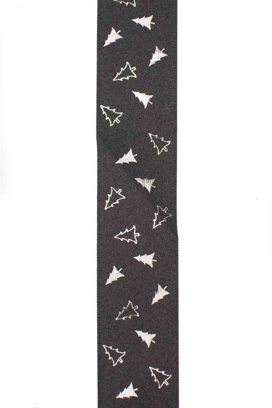 Black Ribbon with a Scattered Silver Christmas Tree Design - 25mm