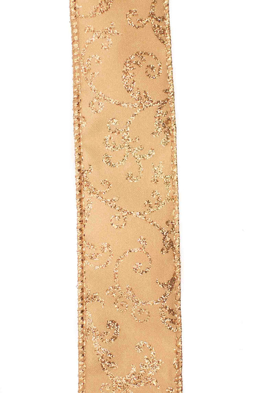 Gold Floral Design Glittery Ribbon - 38mm